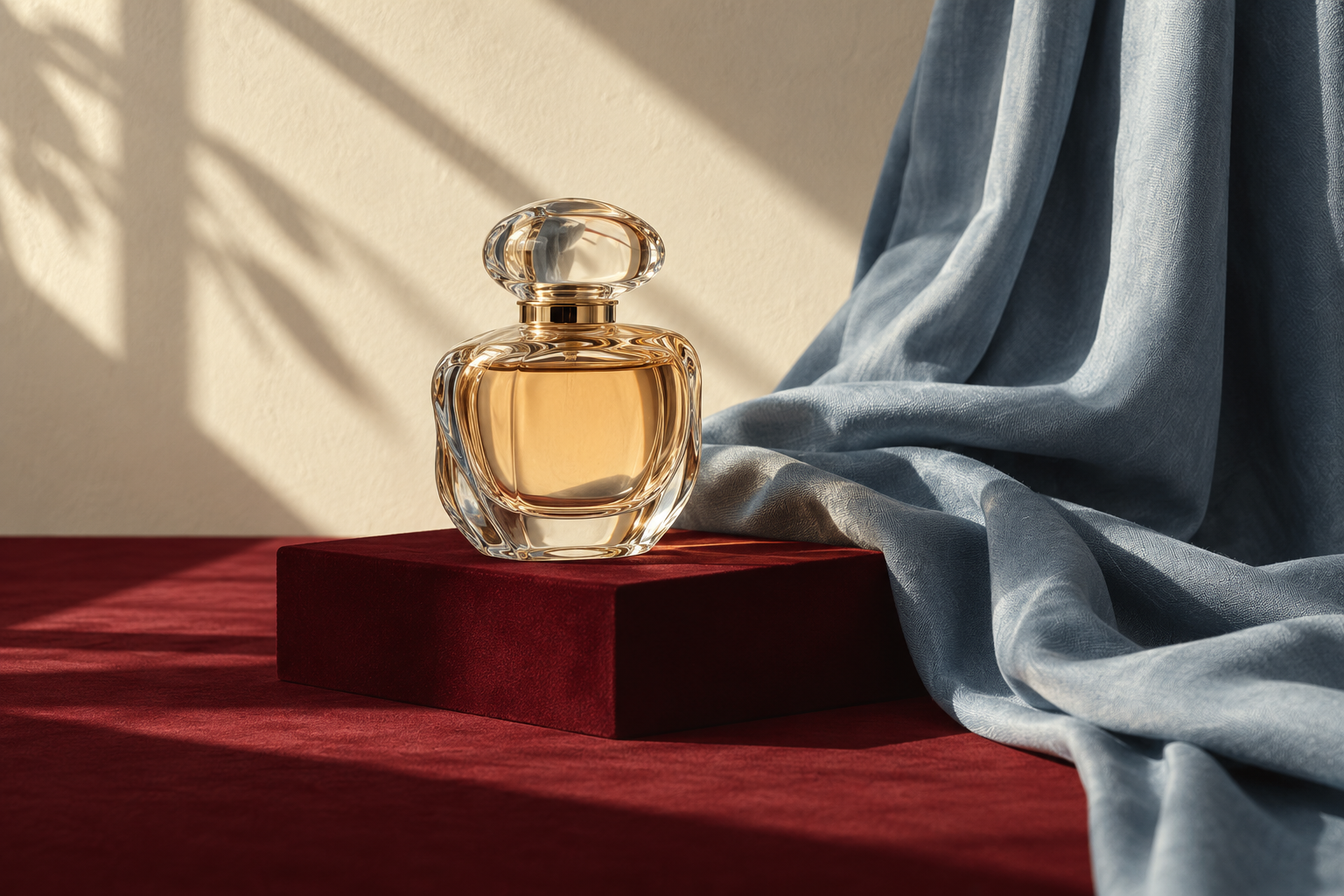 Concepto de producto: frasco de perfume, terciopelo vino y tela azul